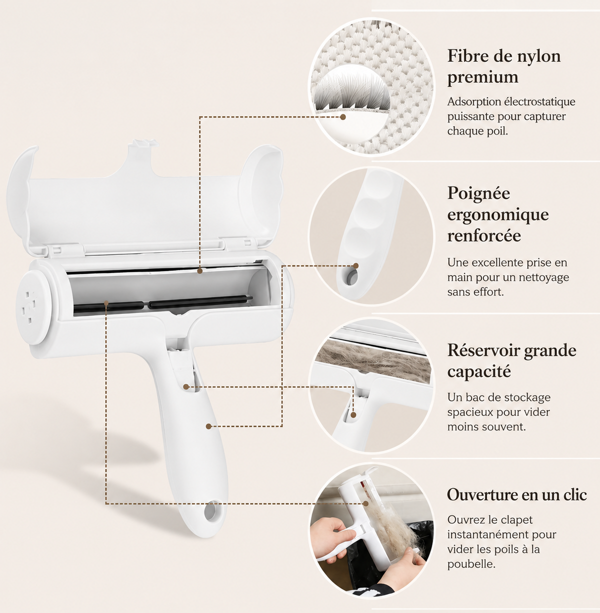 Rouleau anti-poils réutilisable Nivalyo – fibre de nylon, poignée ergonomique et réservoir grande capacité